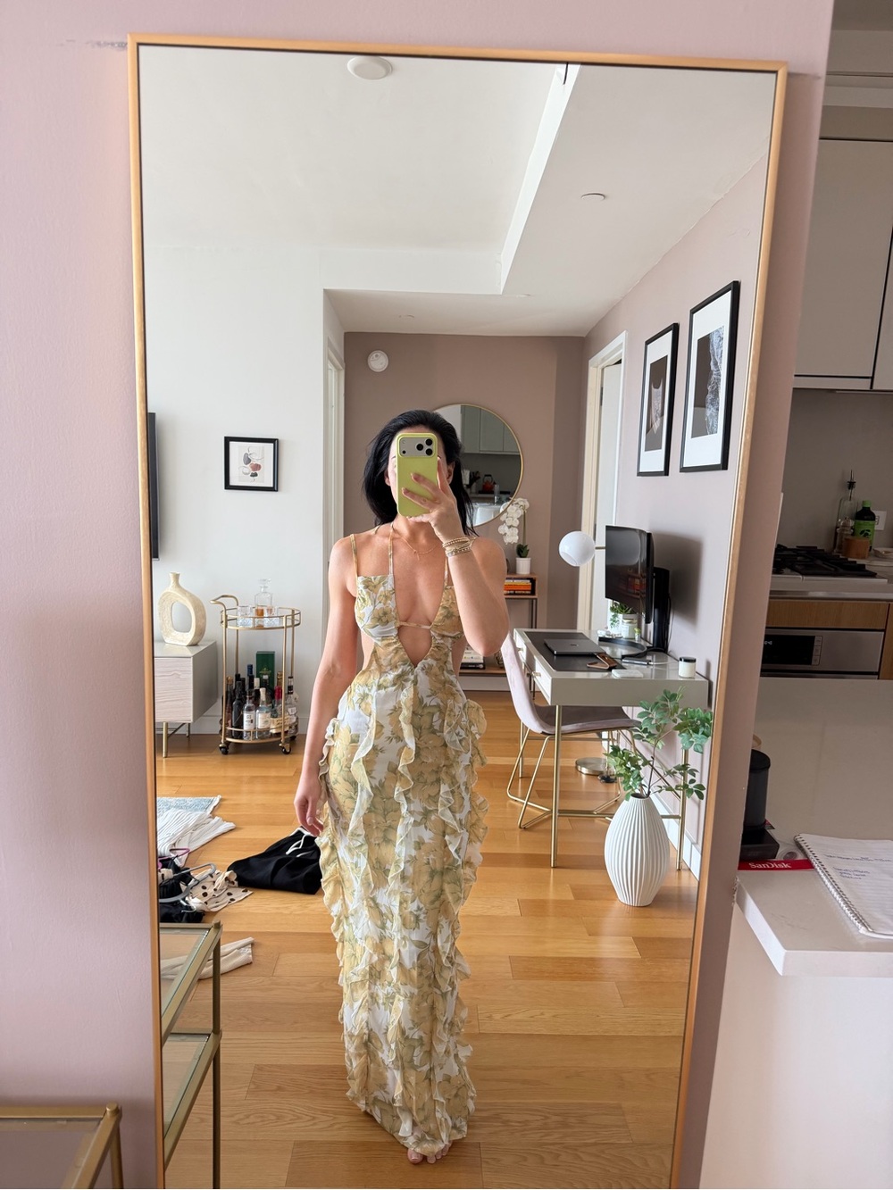 Elegant Yellow Floral Ruffle Maxi Dress - Women